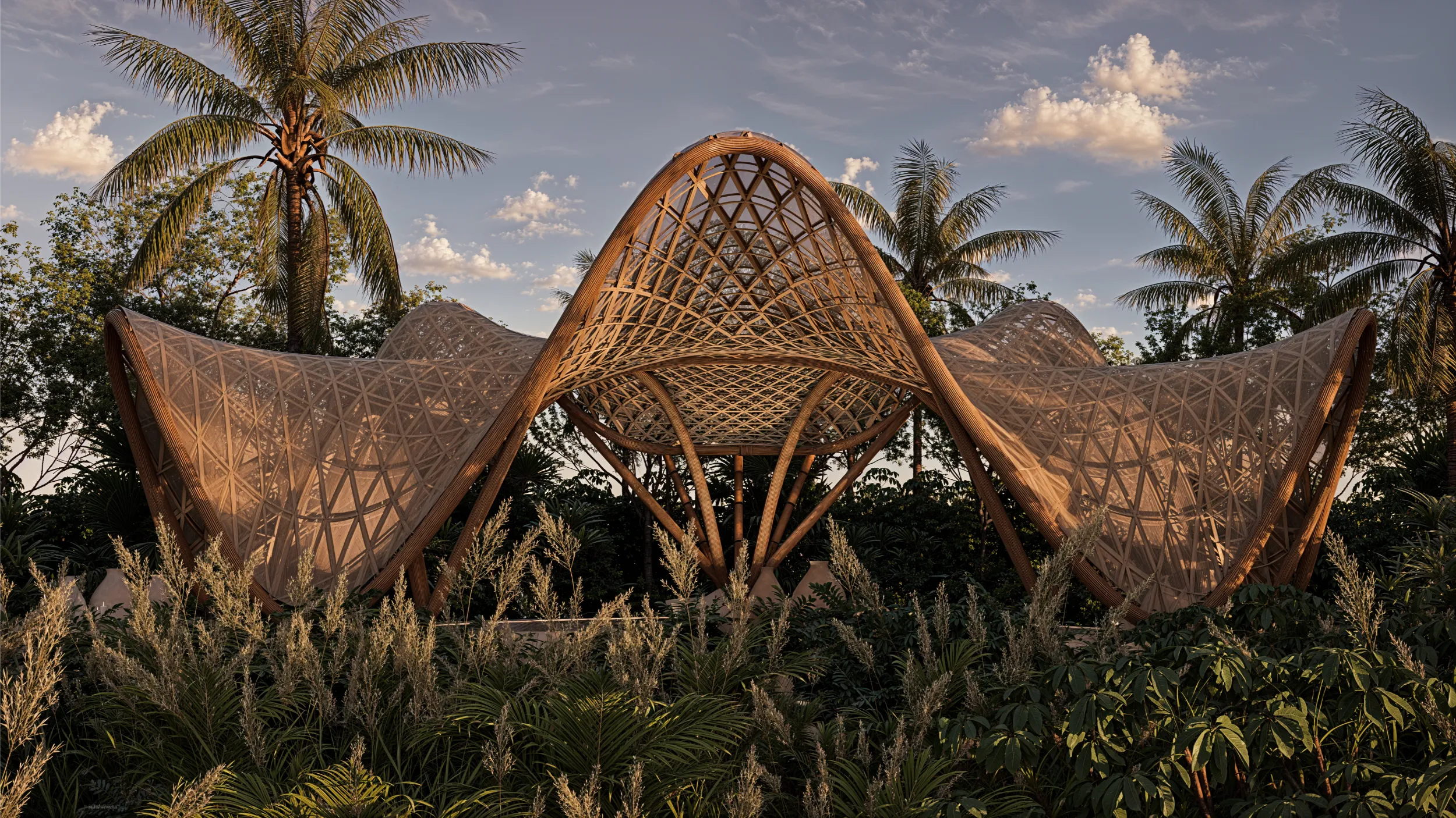 High-angle perspective of the bio-parametric bamboo roof at Hyatt Impressions, optimized through Python algorithms and genetic design for structural efficiency.
