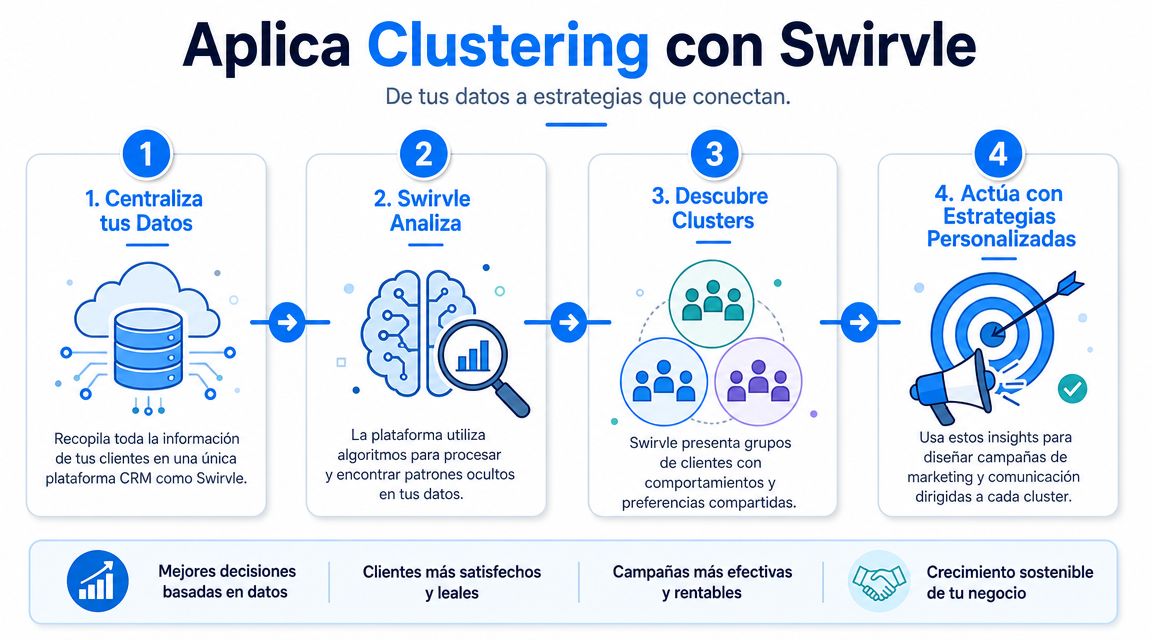 Infografía de cuatro pasos sobre cómo utilizar el clustering de clientes con la plataforma Swirvle para marketing.