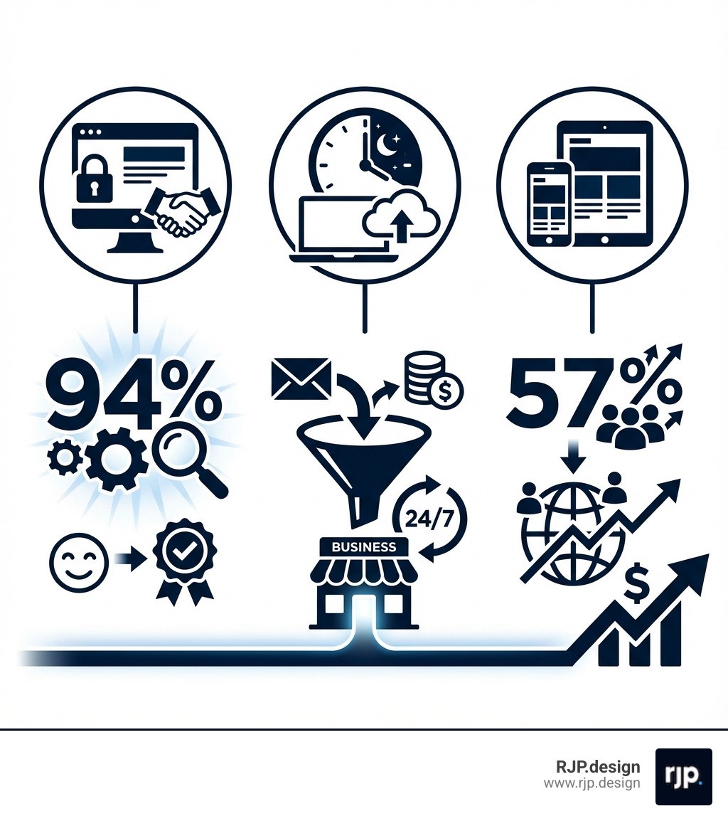 Infographic showing three key pillars: a professional website builds credibility with 94% of visitors judging based on design, provides 24/7 sales capability capturing leads while you sleep, and reaches 57% more potential customers through mobile-optimized responsive design - full service web design and management for small business infographic