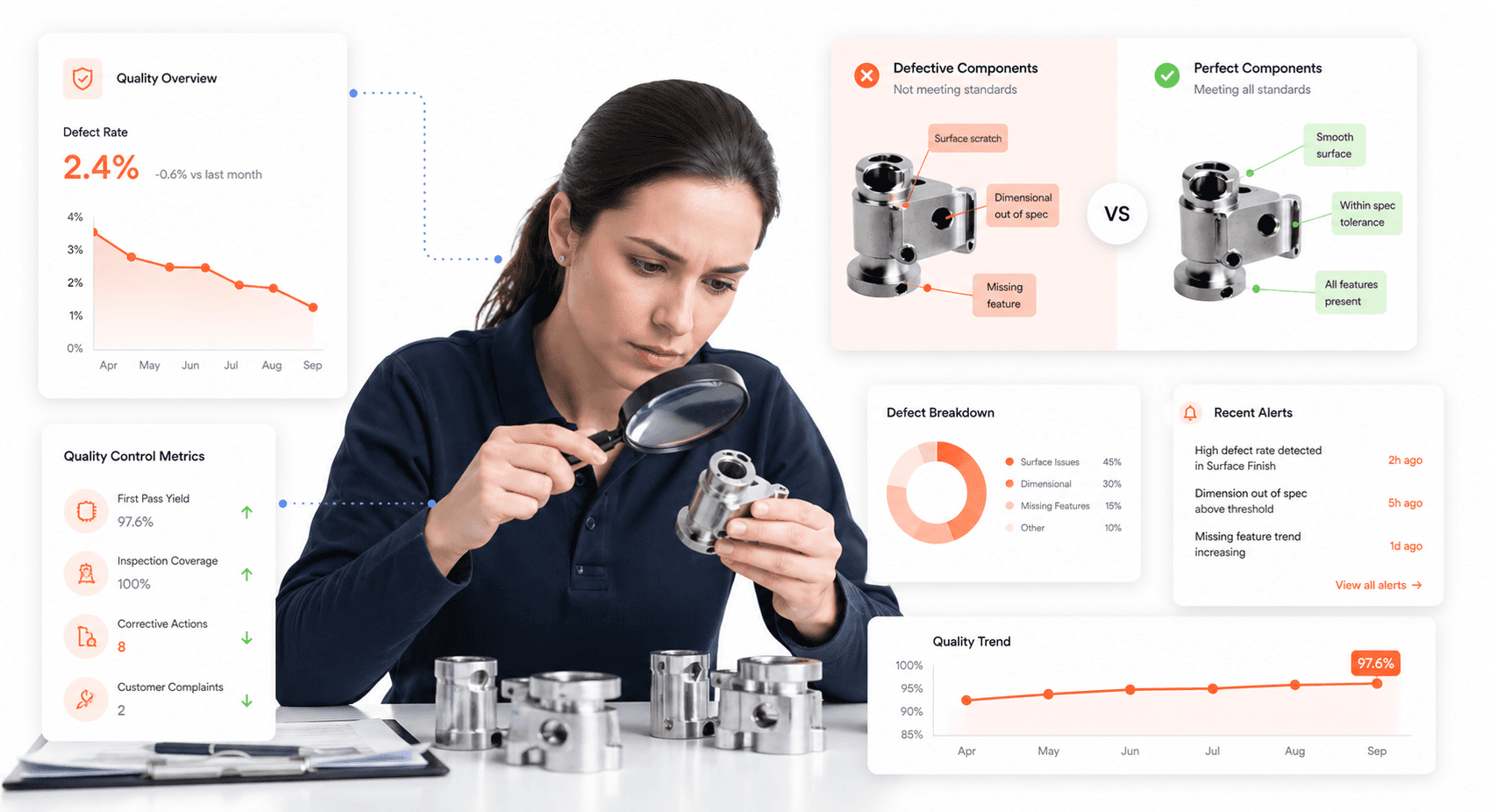 Product quality comparison showing manufacturing defects versus perfect component standards