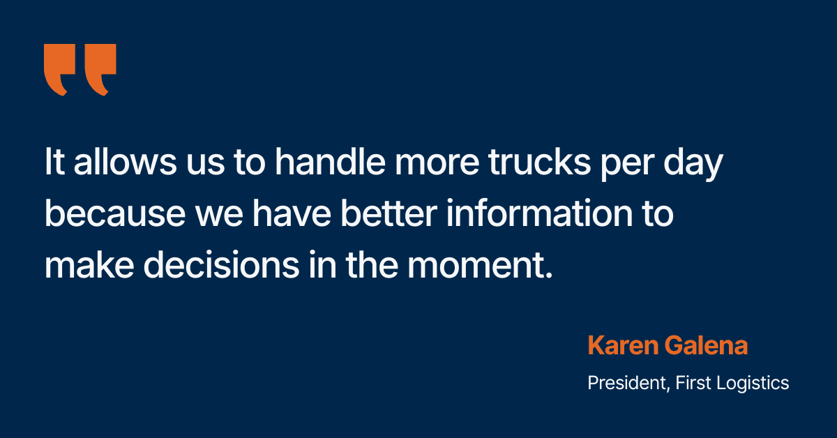 Truck loading and unloading at First Logistics warehouse, supporting increased throughput and faster dock operations