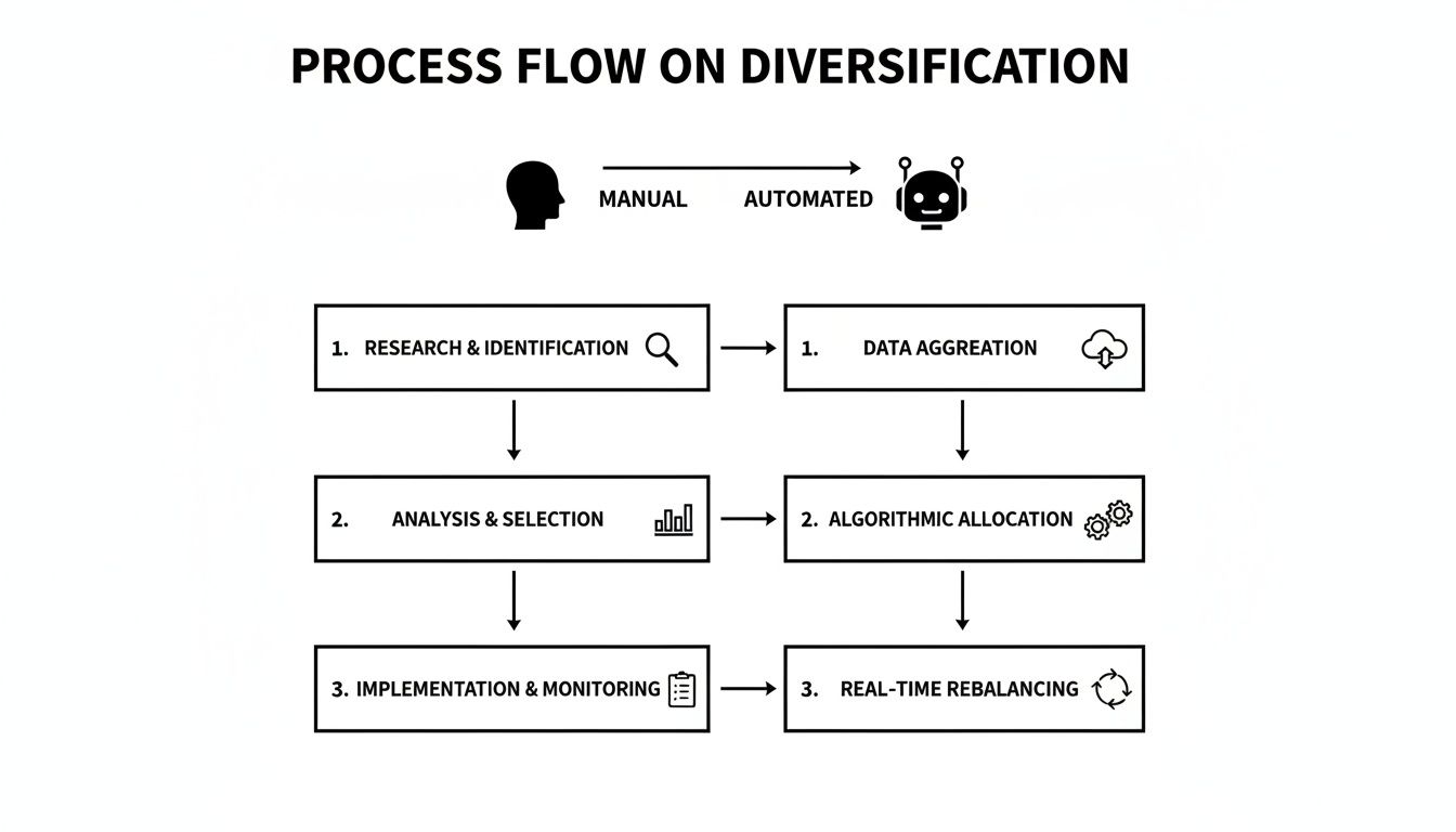 Flowchart comparing manual and automated investment diversification strategies and steps.