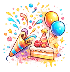 Illustratie van confetti, taart en ballonnen.