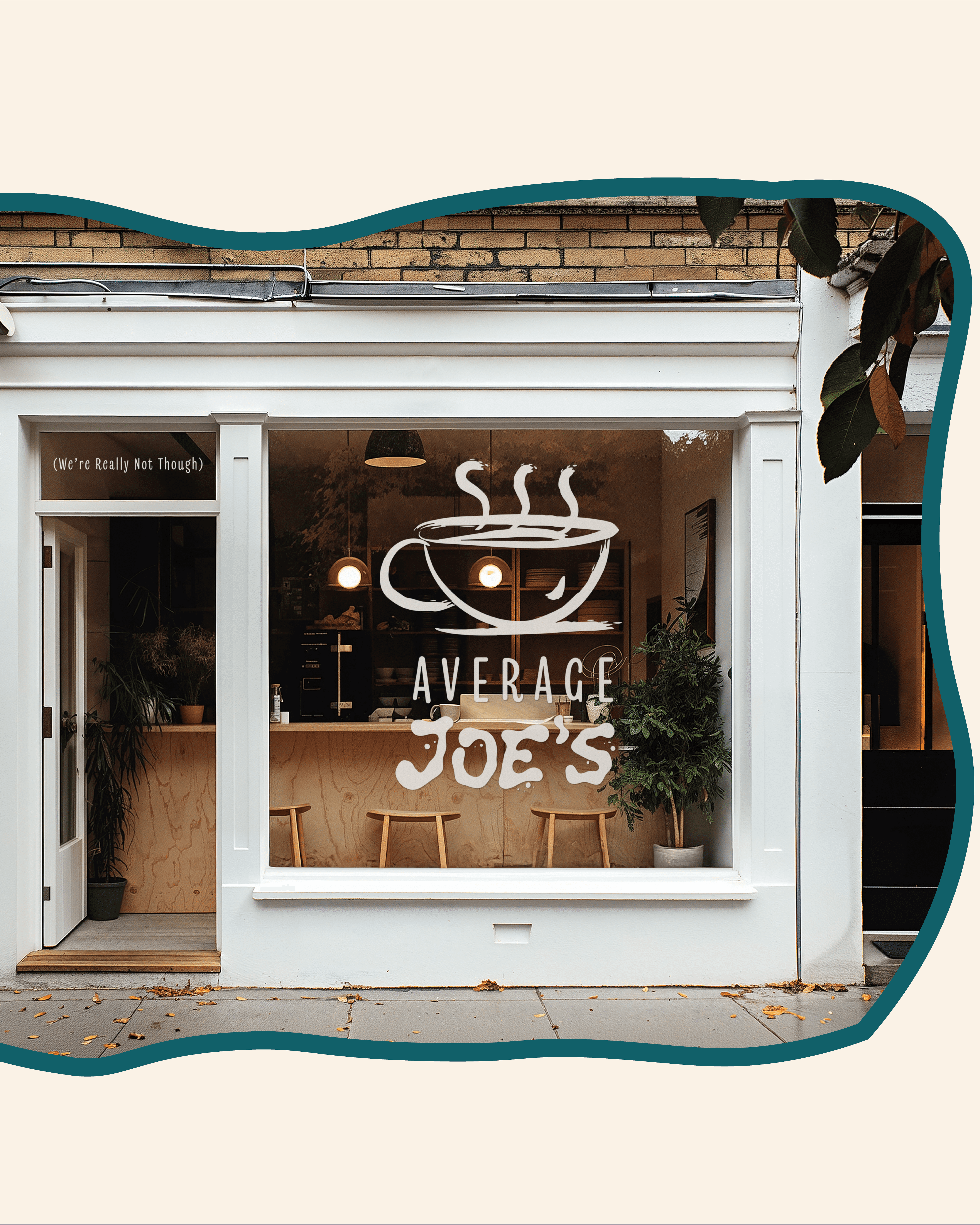 Storefront mockup with the Average Joe's logo as white vinyl window graphics on a white café exterior.