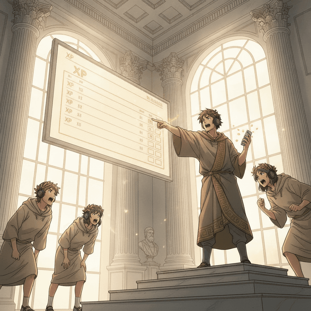 Students competing in a live AI quiz tournament around a glowing marble scoreboard in a bright neoclassical library
