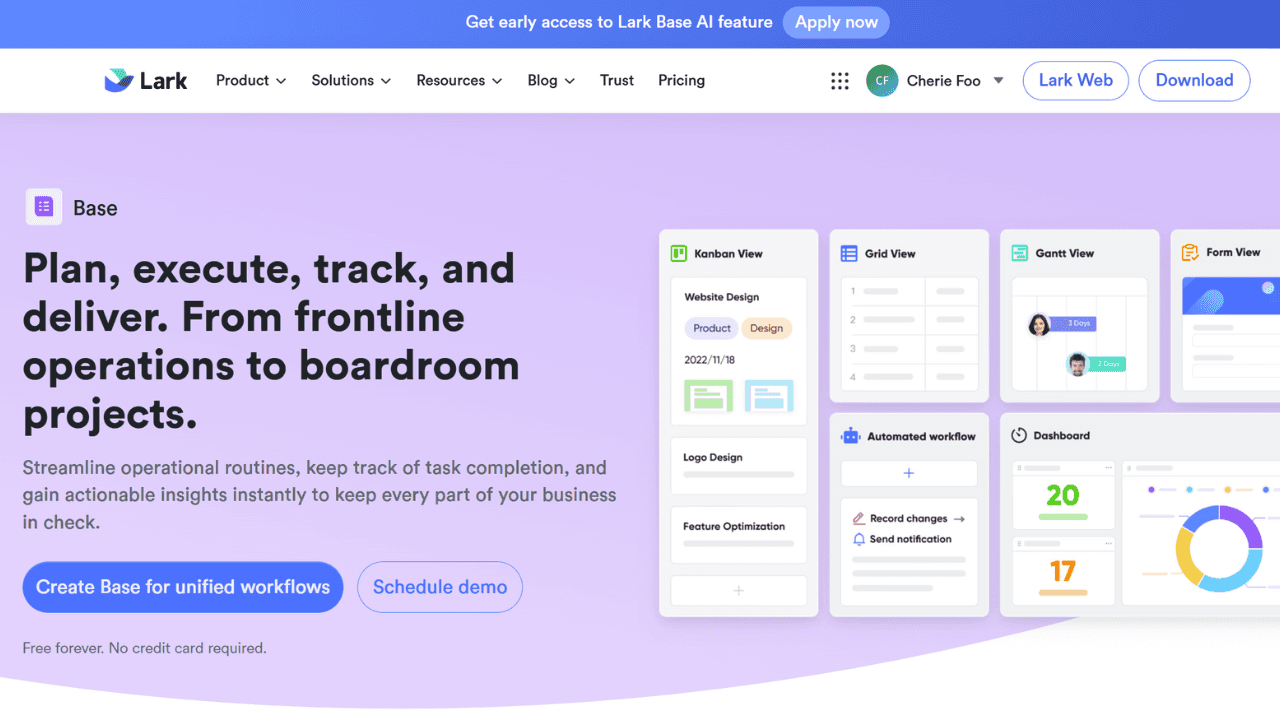 Lark, which includes Base, a no-code data management platform that can be used as sales CRM software&nbsp;