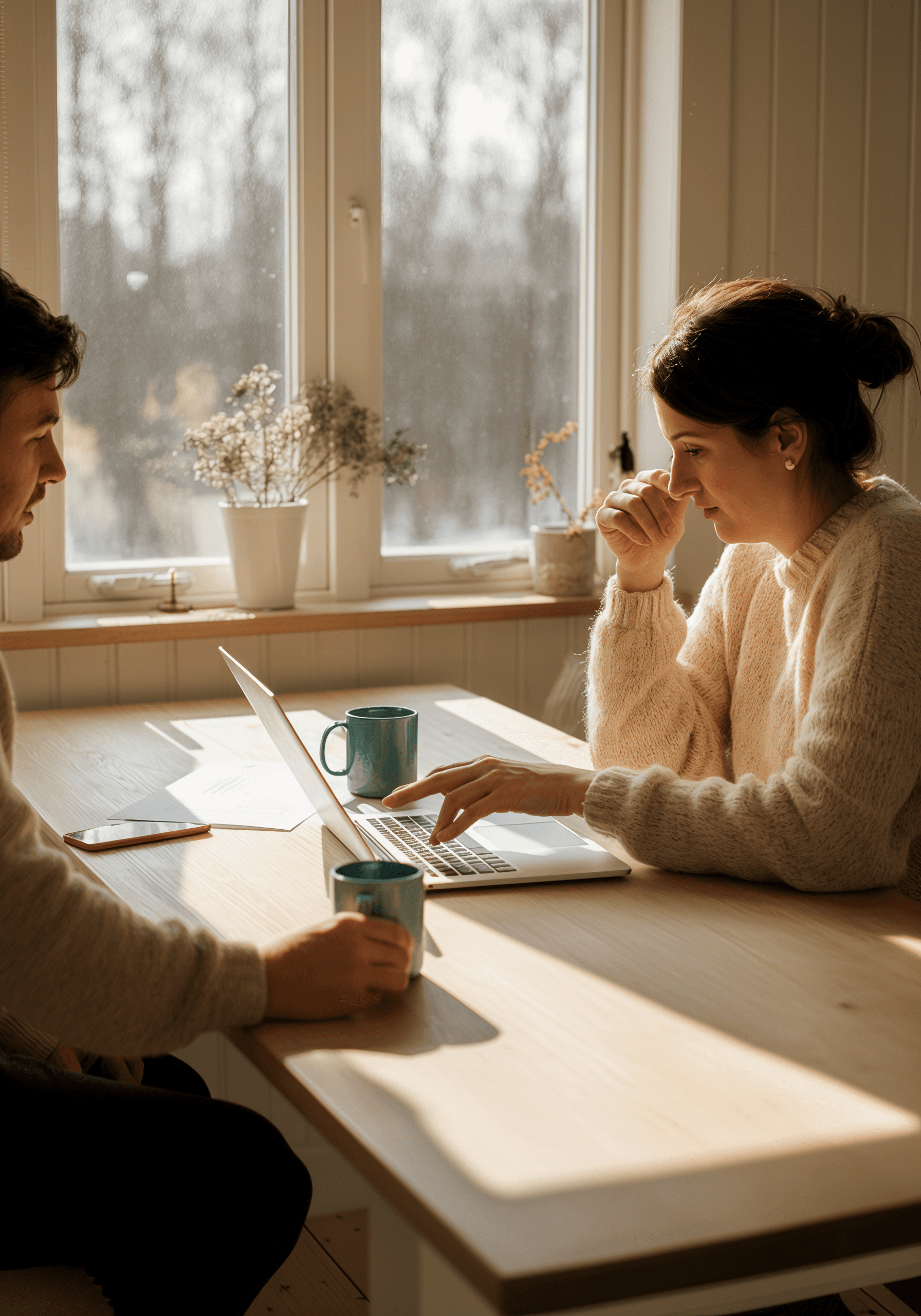 A couple working on a laptop at a table near a window. They are drinking from mugs and looking at the screen.