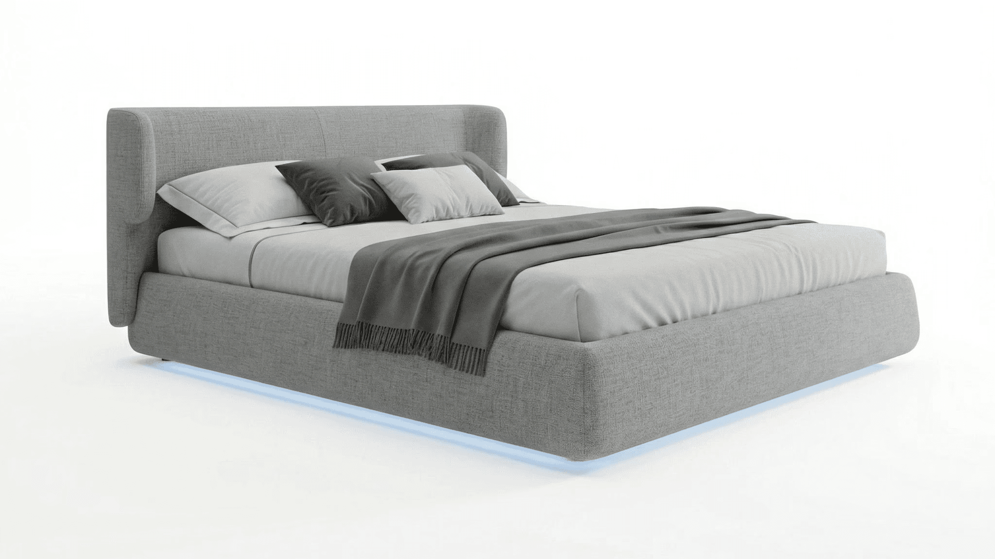 Modern bed with cushioned surround frame, integrated base lighting, and soft contours