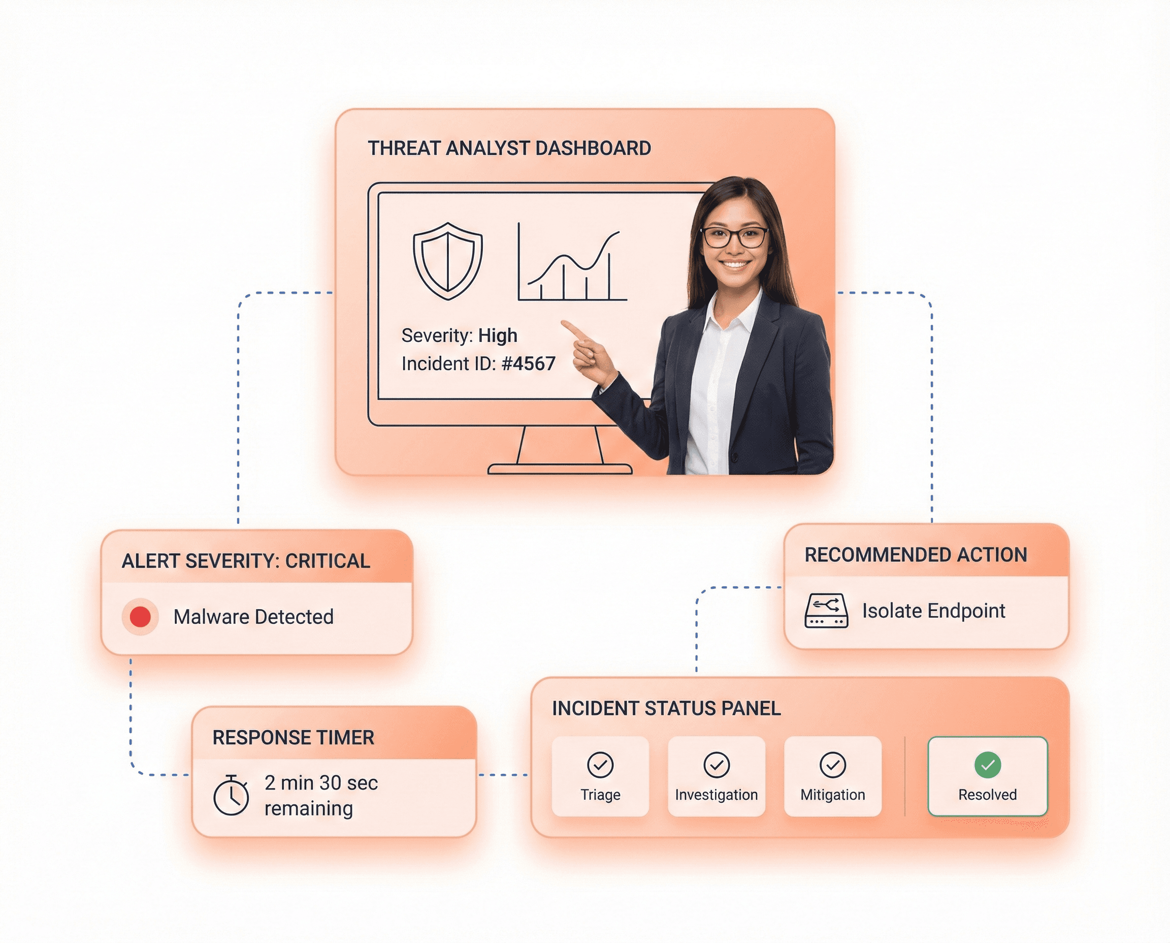 SOC cybersecurity dashboard interface designed for analysts, showing real-time threat alerts, incident severity levels, and response timelines in a clean, user-friendly layout.