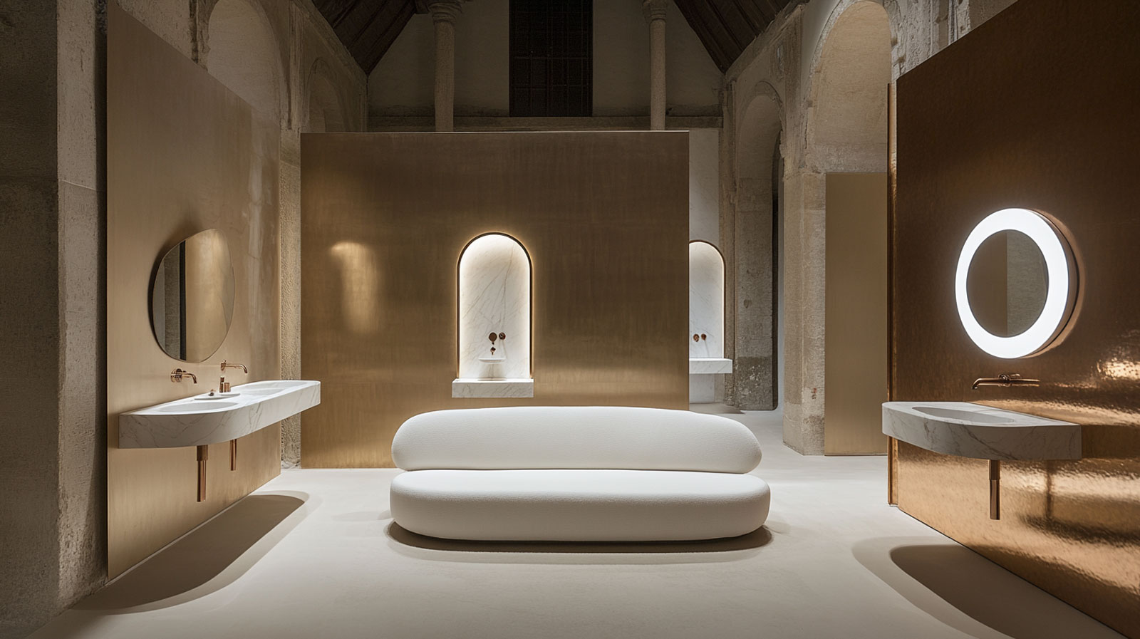 Ein modernes, minimalistisches Badezimmer mit goldenen Wänden, einem weißen ovalen Sofa in der Mitte, runden Spiegeln über eleganten Waschbecken und gewölbten Nischen mit dezenter Beleuchtung im Hintergrund, präsentiert in einer atemberaubenden 3D-CGI-Rendering.