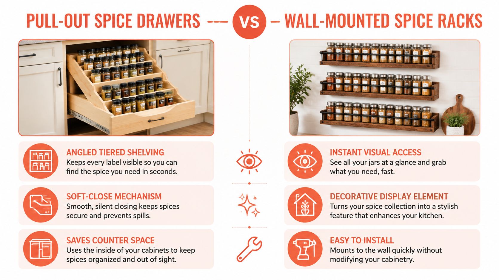 A comparison graphic showing pull-out spice drawers on the left versus wall-mounted spice racks on the right.