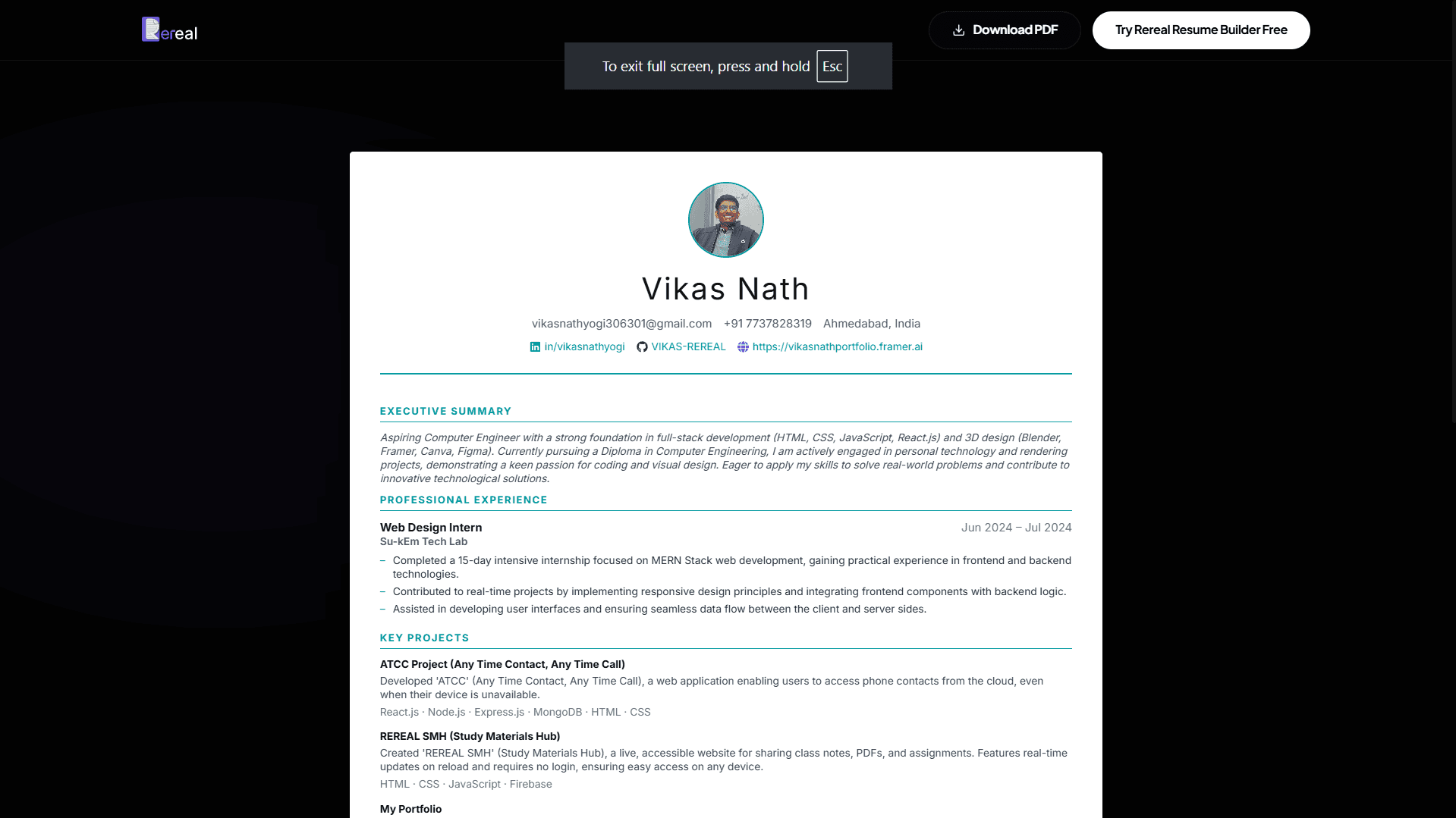 Public page of rereal resume builder website 
