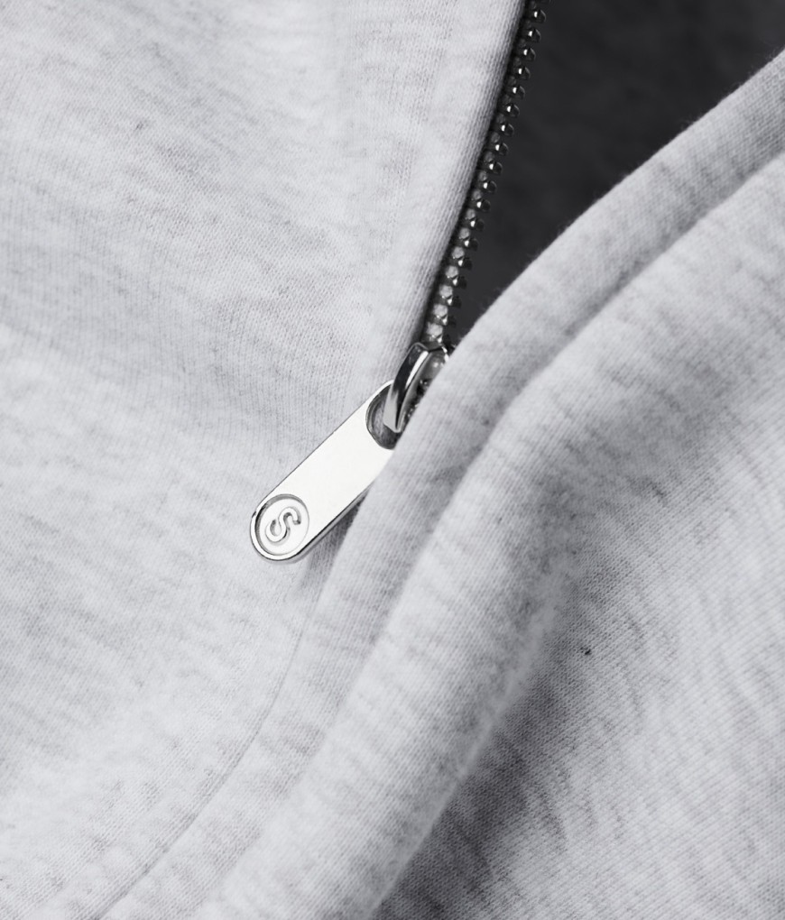 YKK zipper with Sunday Superior custom zip puller on grey hoodie