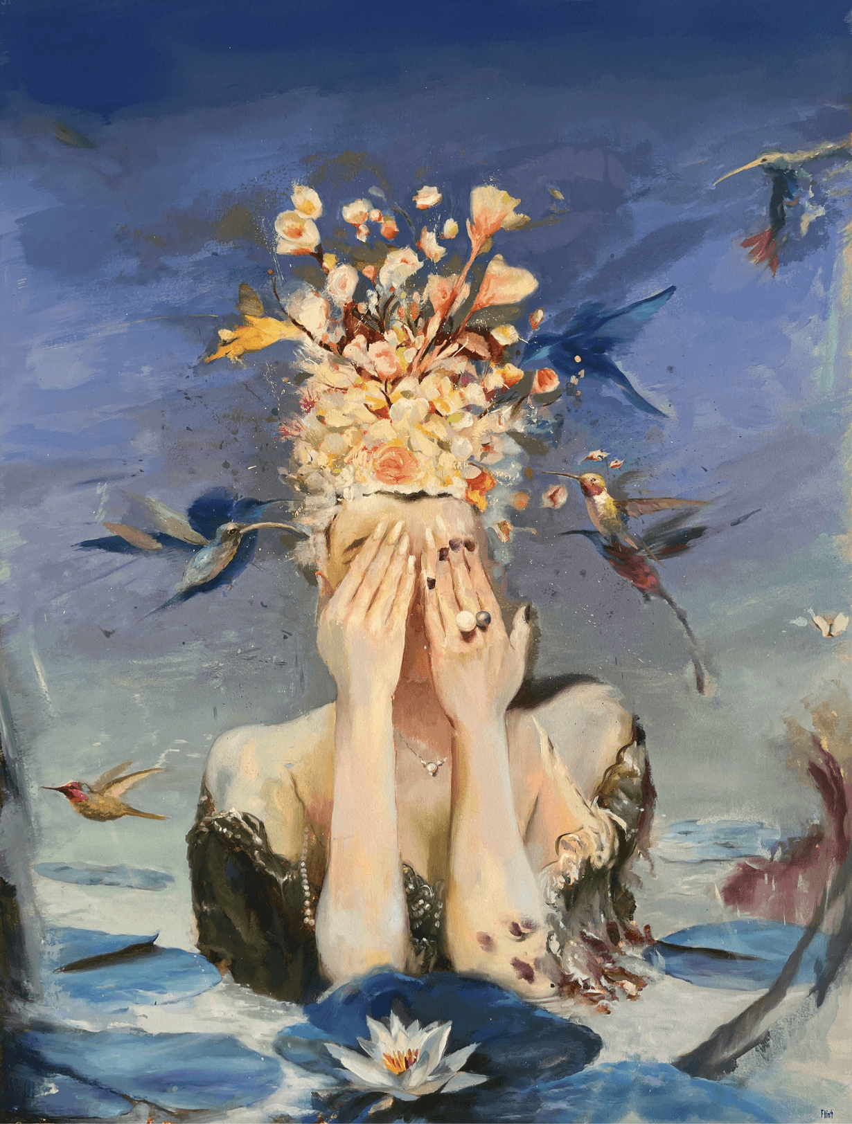 Young woman in colorful robe reads a book.