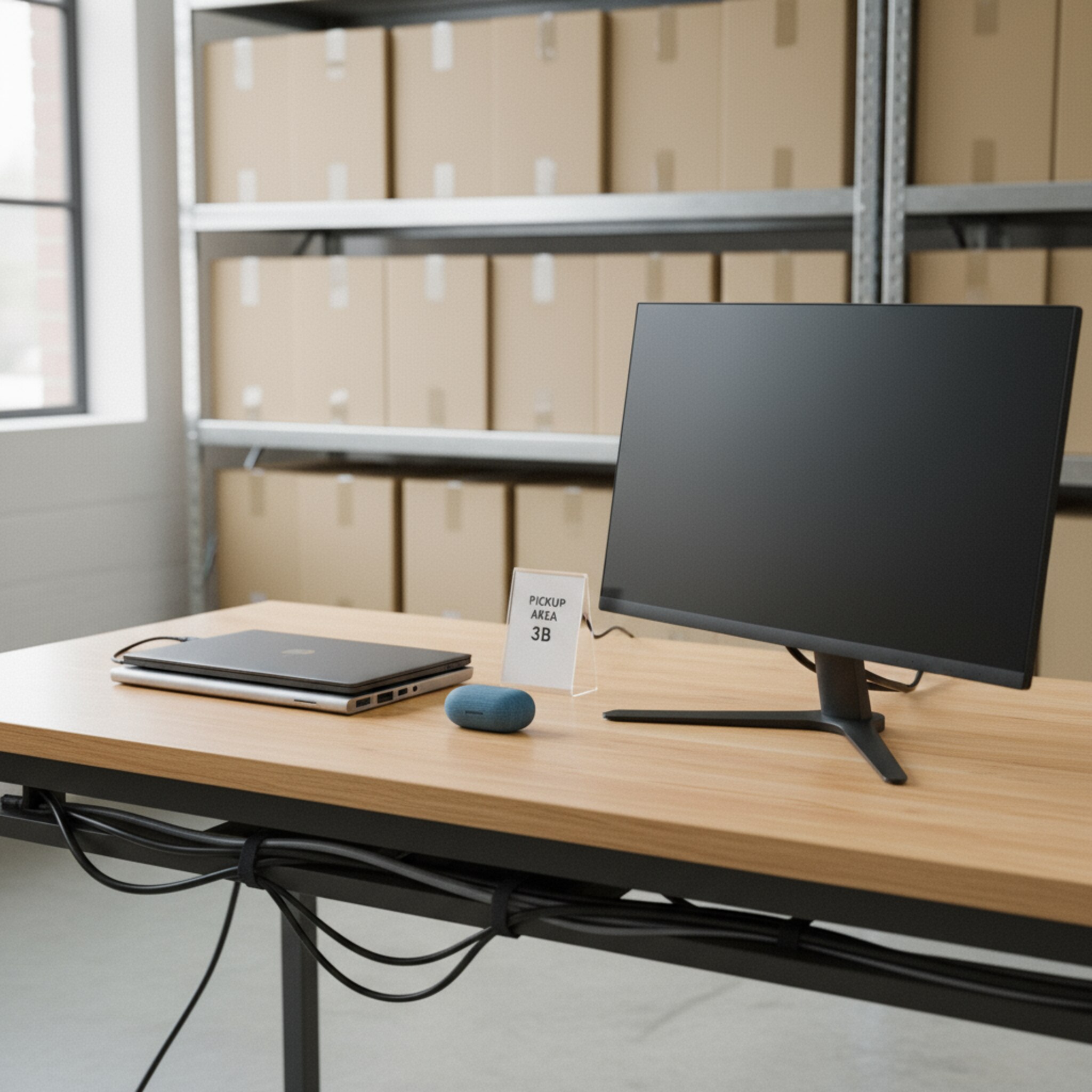 Ein heller Arbeitsbereich zeigt ein vorbereitetes Bundle aus Laptop, Dock und Monitor auf einem Tisch. Eine kleine Karte markiert den Standortcode, daneben liegt ein Headset im Etui. Im Hintergrund stehen neutrale Kartons ordentlich gestapelt. Die Szene vermittelt Verfügbarkeit, Ordnung und Bereitschaft zur Abholung.