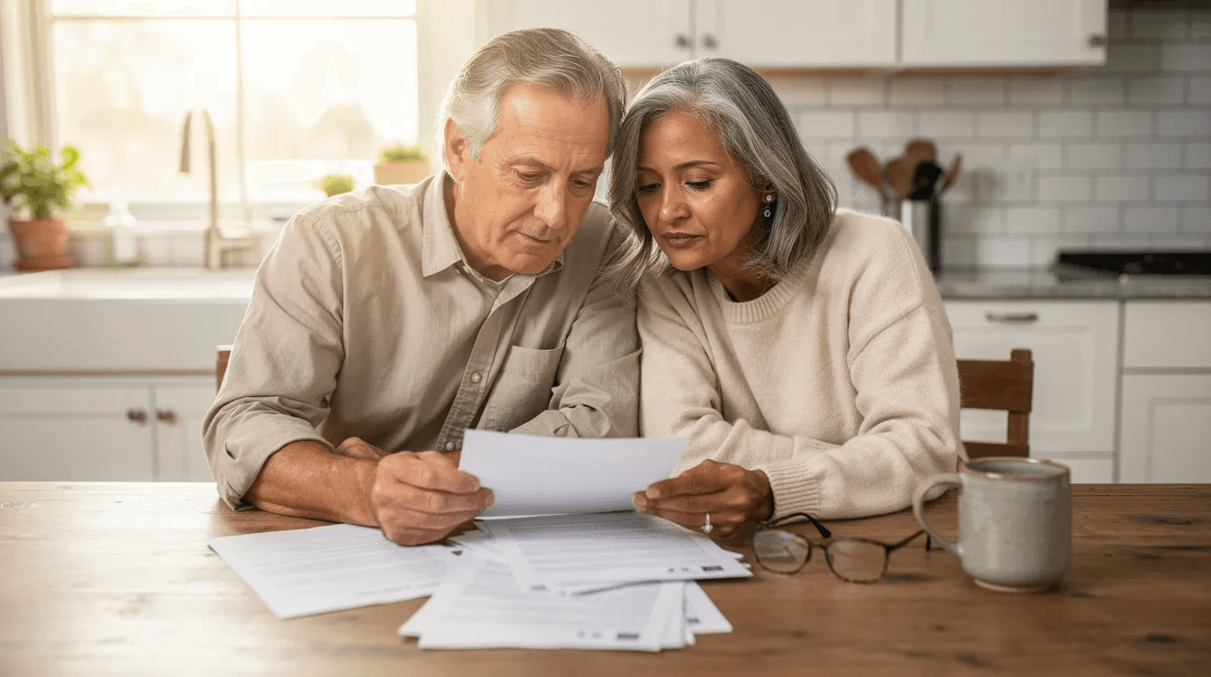 A mature couple sits together at a kitchen table, reviewing paperwork in natural light. They appear focused, possibly discussing financial matters related to charitable remainder trusts and their potential tax benefits, including charitable deductions and income streams.