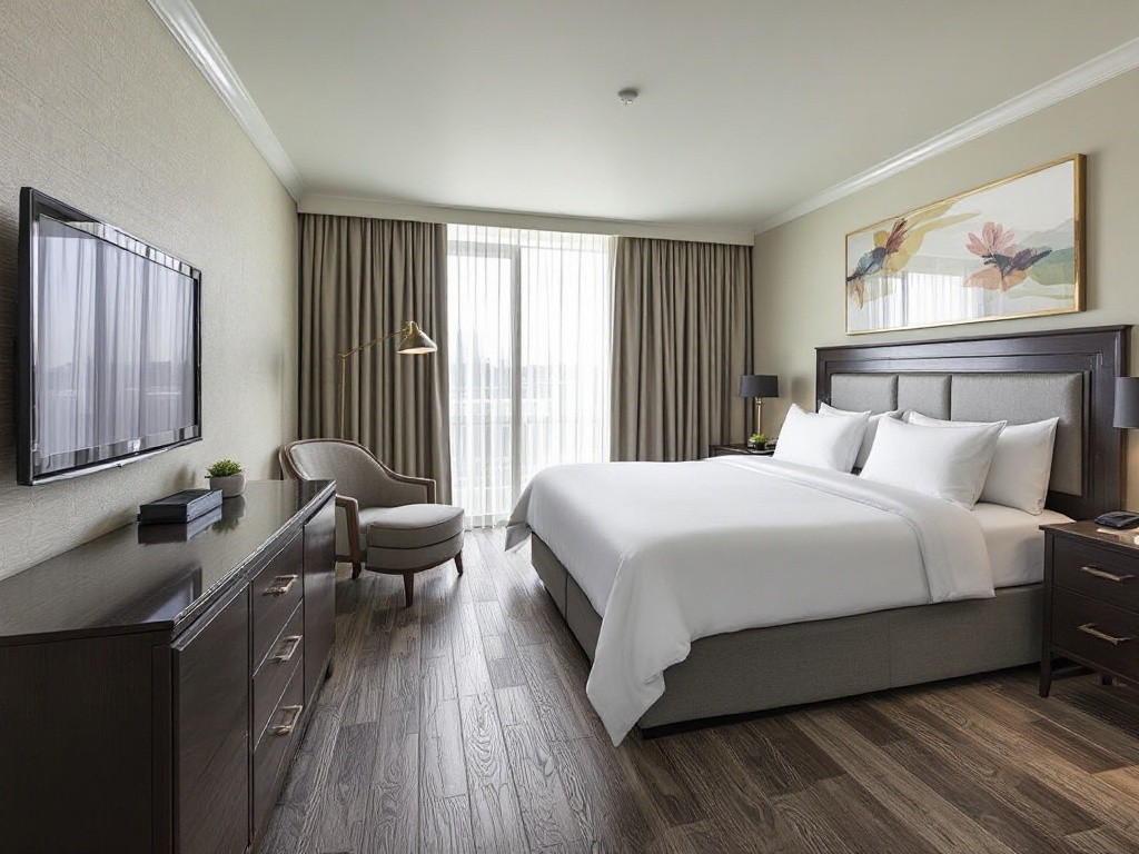 Hotel room with a king-size bed, a large TV, and a comfortable armchair.