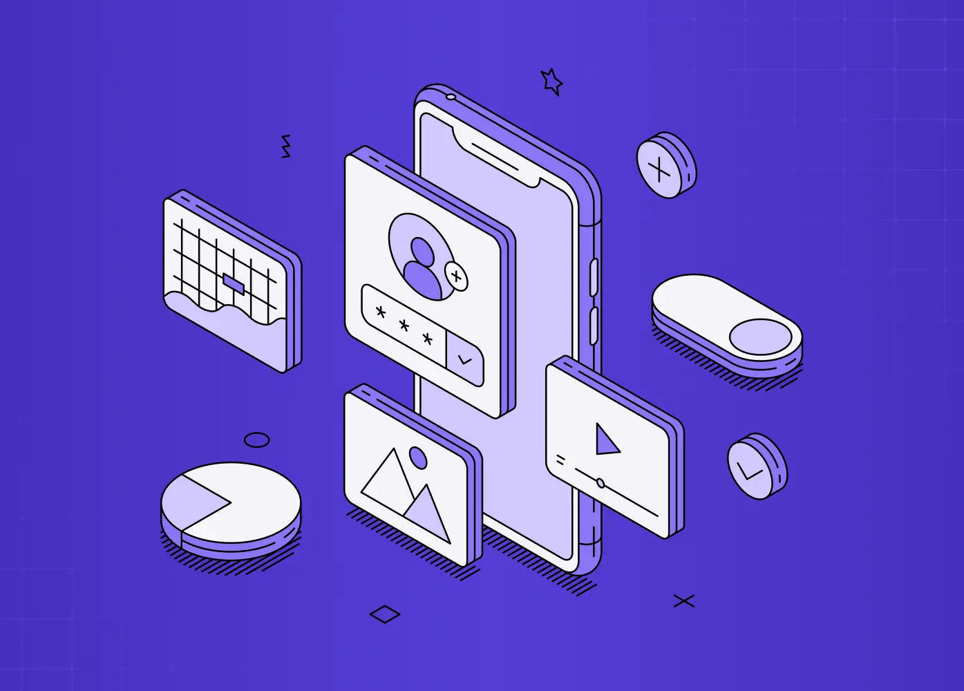 Illustration of a modern digital product interface with floating UI cards, charts, profile elements, and media controls on a purple background.