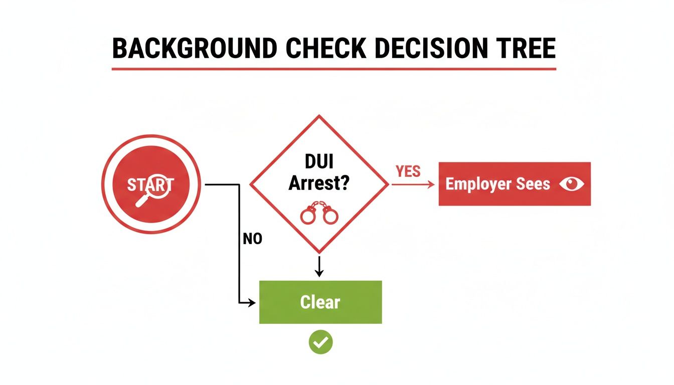 A flowchart decision tree titled 'Background Check Decision Tree' showing the impact of a DUI arrest.