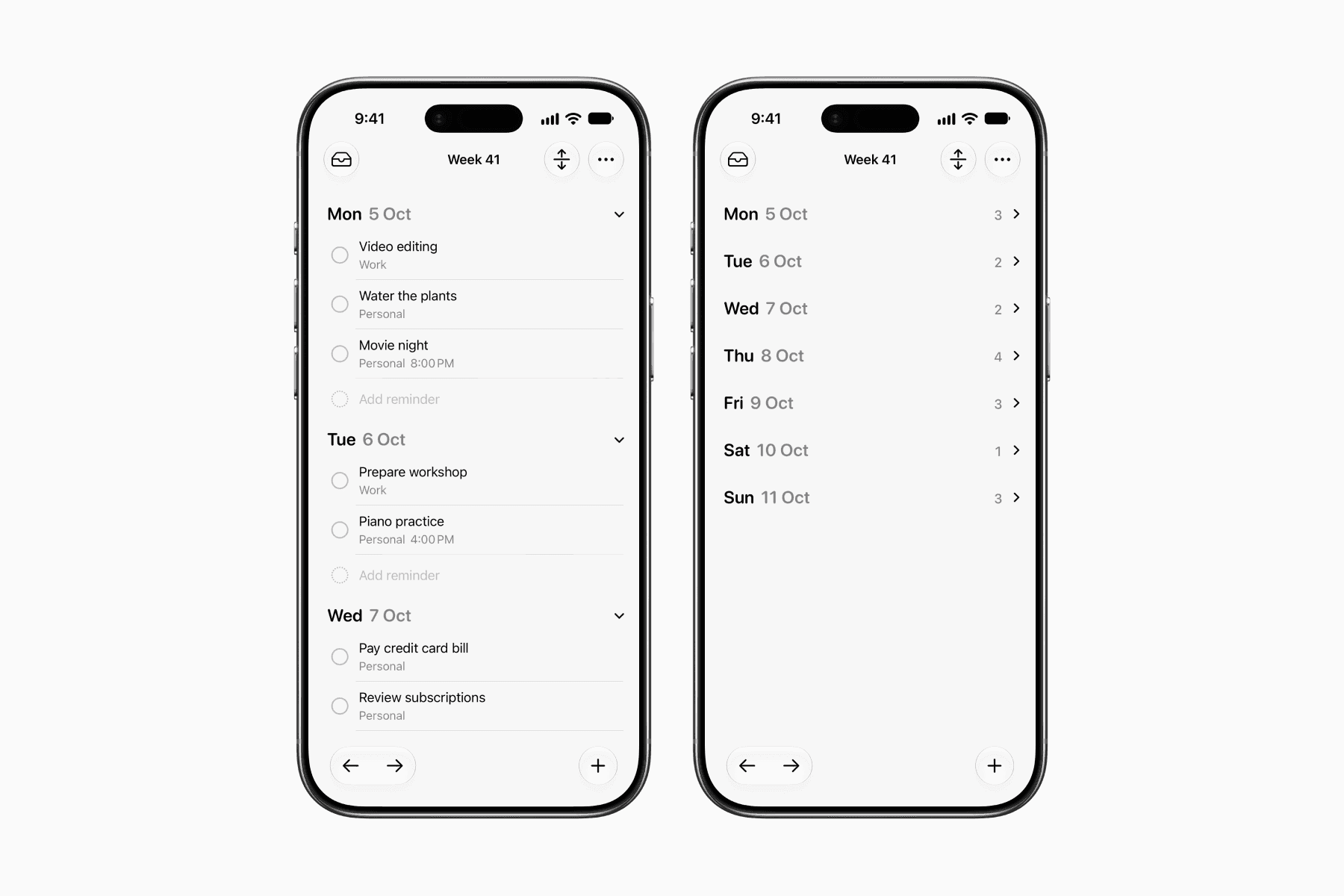 Two iPhone mockups showing the Weeklist app’s expanded and collapsed week views.