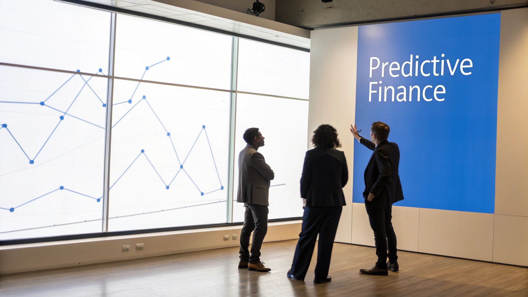 Three business professionals discuss predictive finance and a line graph on large screens.