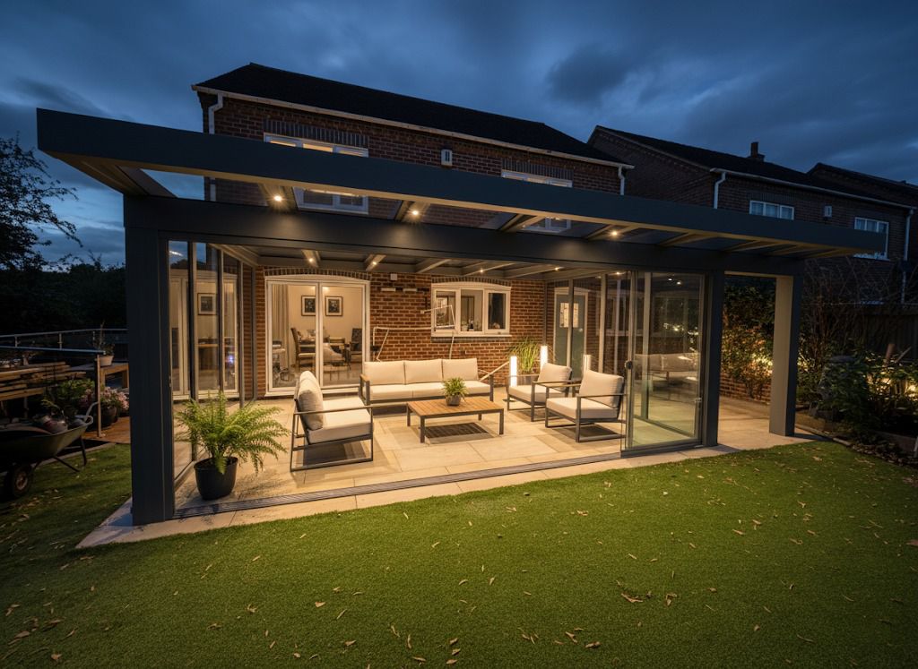 Aluminium pergola with glazed sides and sheltered seating