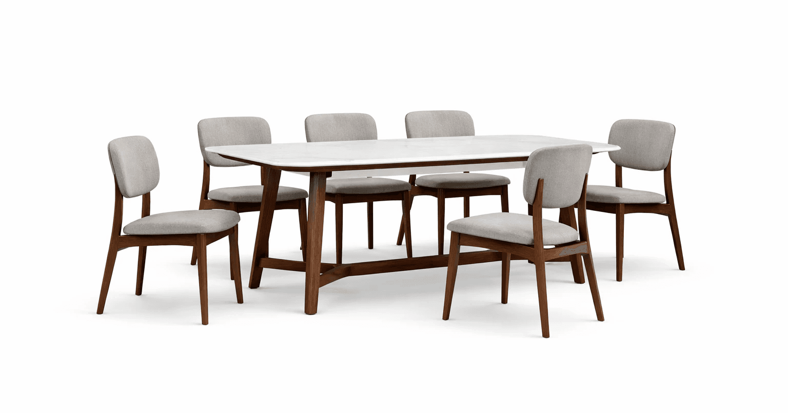 Rounded dining table with light upholstery chairs arranged for relaxed family dining