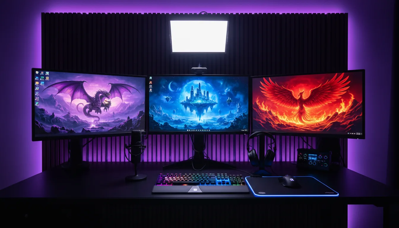 Wide-angle DSLR photograph of a high-end triple-monitor computer workstation on a dark desk, captured with cinematic contrast. The room is illuminated by vibrant purple and blue ambient LED lighting, creating a moody atmosphere. Behind the setup, a wall is lined with vertical wooden acoustic sound panels. A soft white rectangular key light is positioned above the central monitor. The three monitors display glowing, colorful fantasy art wallpapers. In sharp focus are the backlit keyboard, an LED-trimmed mousepad, and various pro audio peripherals on the matte black desk surface.