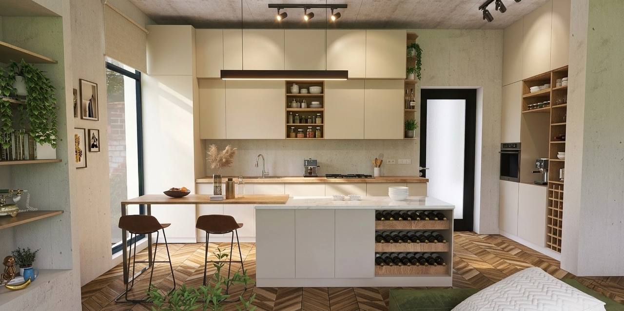 A serene bedroom with purple tones, a minimalist bed, wooden nightstands, and soft natural lighting.