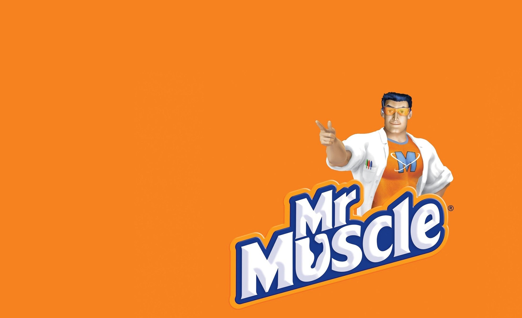 Cartoon character with spiky hair and orange goggles points confidently with both hands on an orange background. Text reads "Mr Muscle" in bold white and blue.