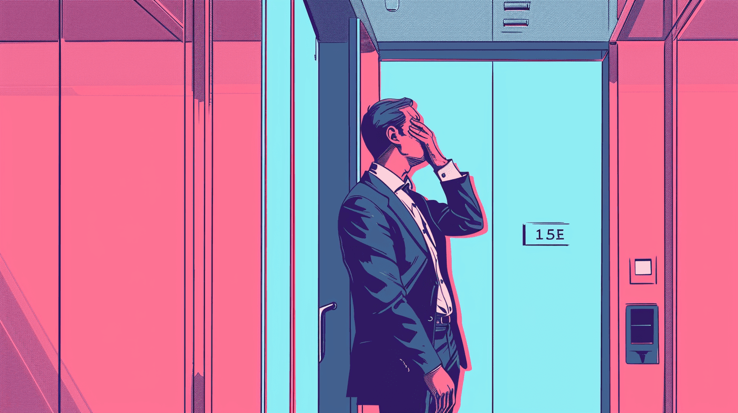 Businessman in distress, covering his face with his hand, silently crying in the solitude of an elevator, embodying the hidden anguish of high-functioning depression.