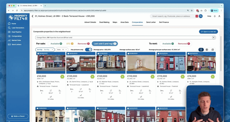 Property Filter comparables feature showing recent sold prices for deal analysis in Medway, Kent