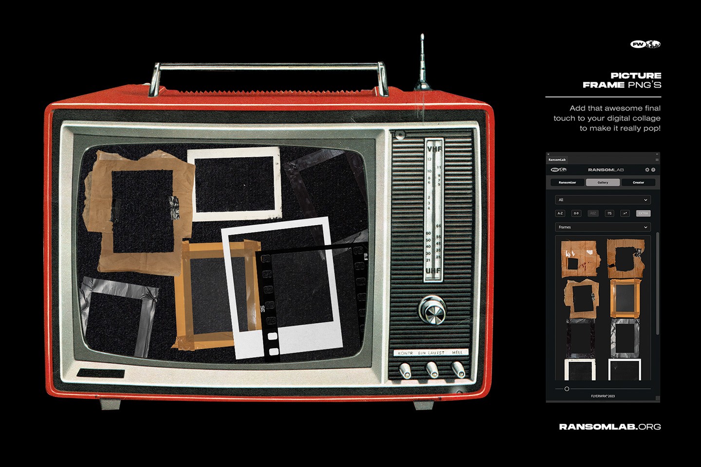 RansomLab picture frame PNG set displayed on a vintage television with various cardboard and tape textures