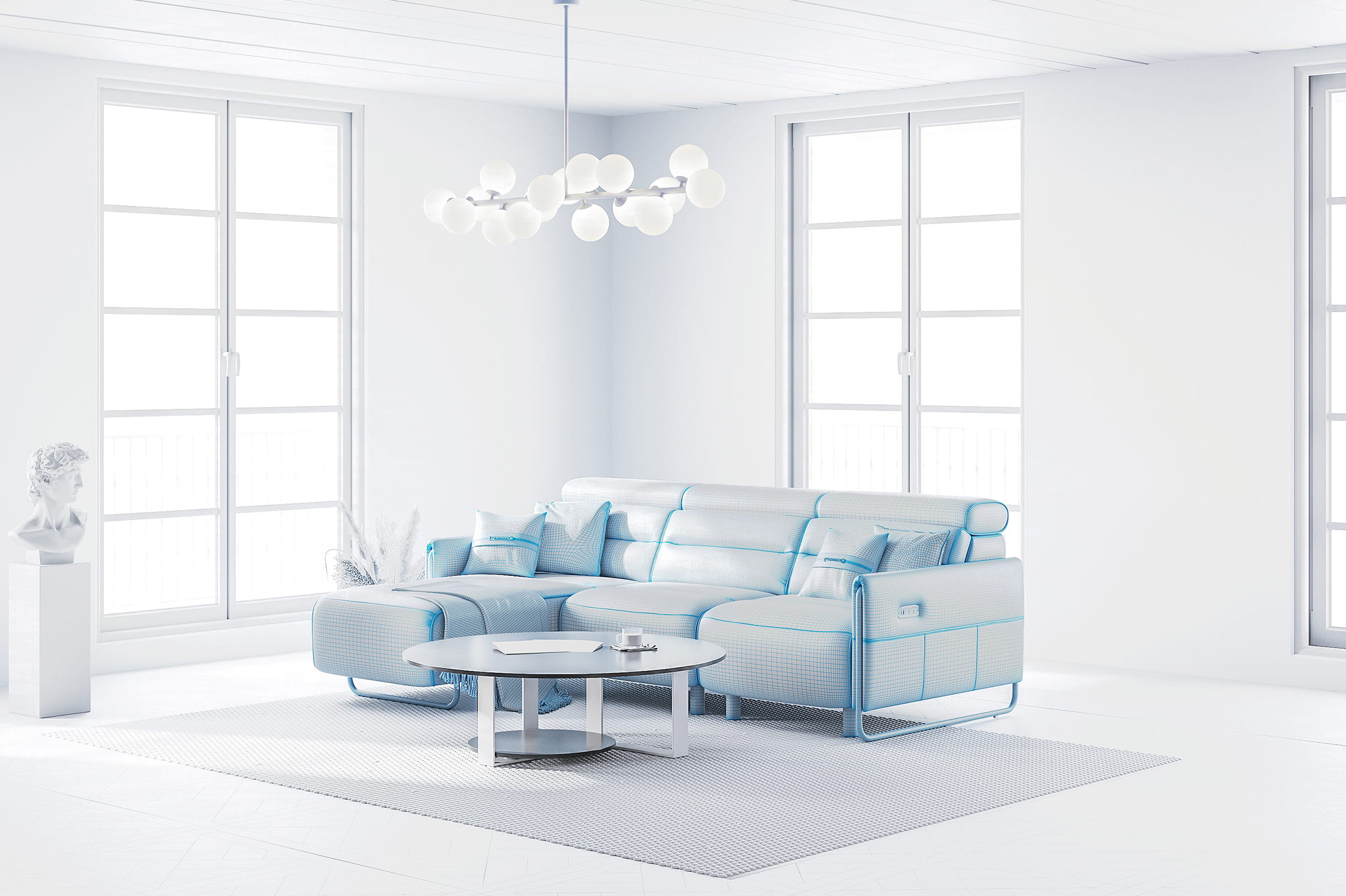 Clay render of living room scene with sofa and furniture showing base 3D modeling stage
