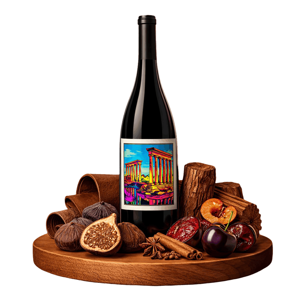 Artistic label and flavor profile for Bekaa Valley Red on a rustic wooden table.