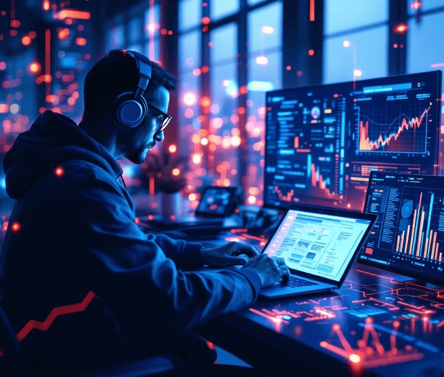 A person wearing headphones sits in front of multiple computer screens displaying data charts and graphs.