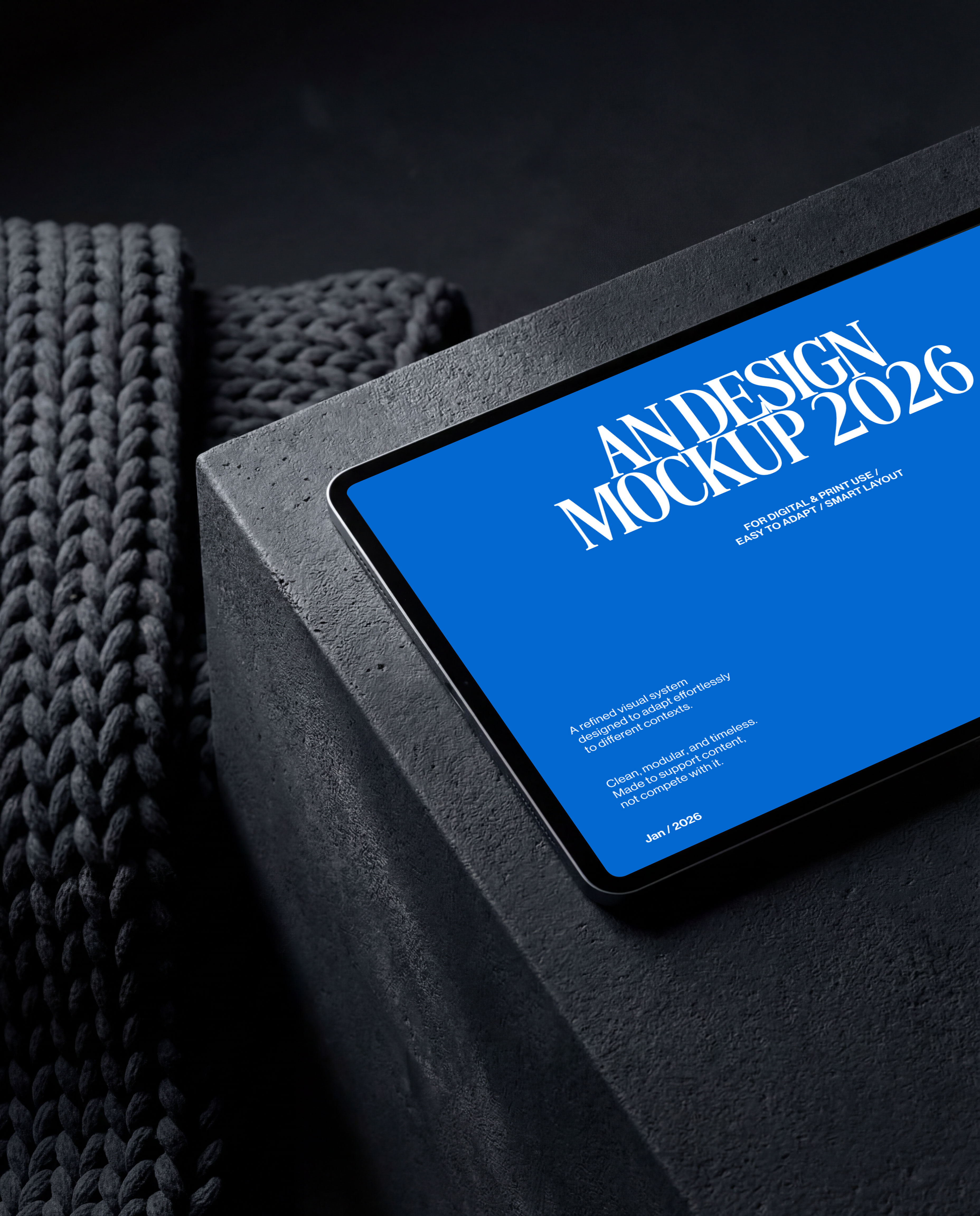 iPad mockup on dark sleek table, professional setup