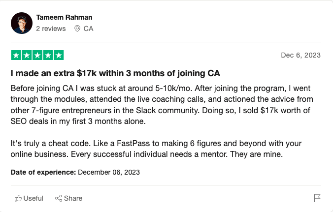 Screenshot of Trustpilot Review of Client Ascension by Tameem Rahman, SEO Agency Owner.