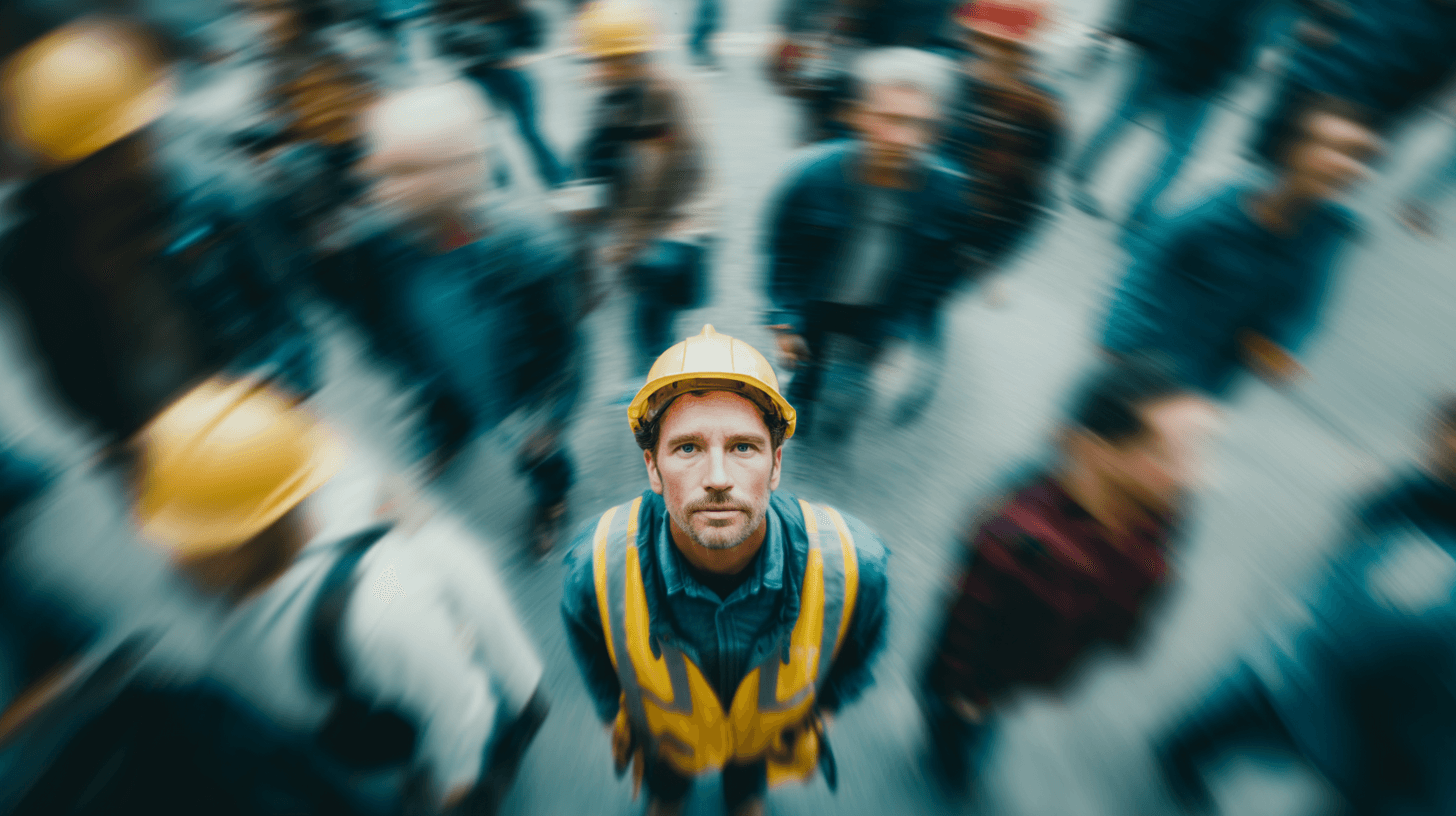 a trademan in focus with people out of focus move around him