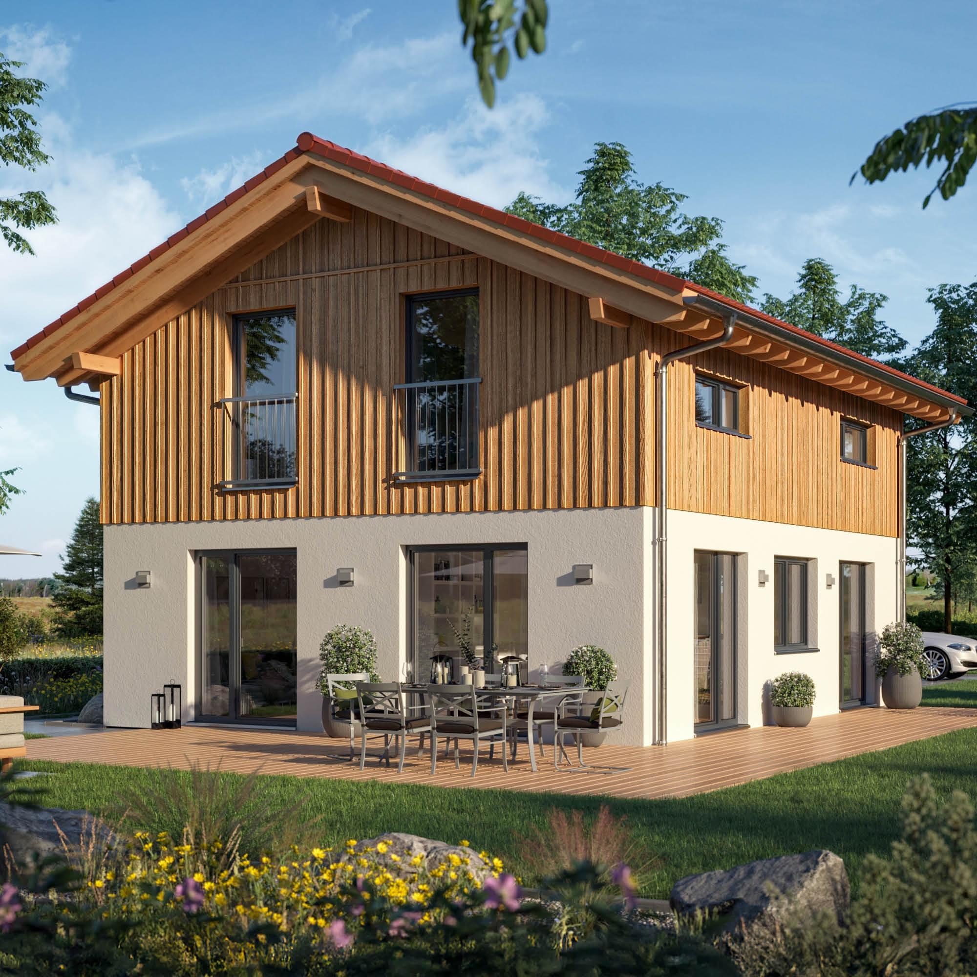 Modern two-story wooden house with a patio table in a sunny garden.
