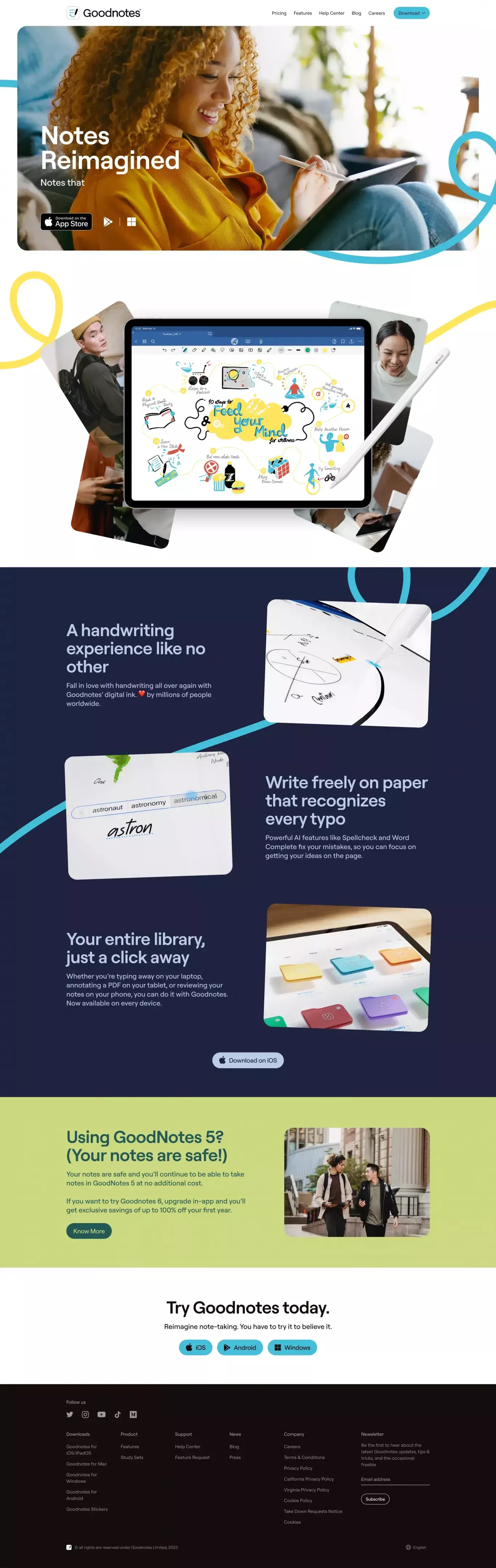 Goodnotes landing page screenshot showcasing Tech and Writing design