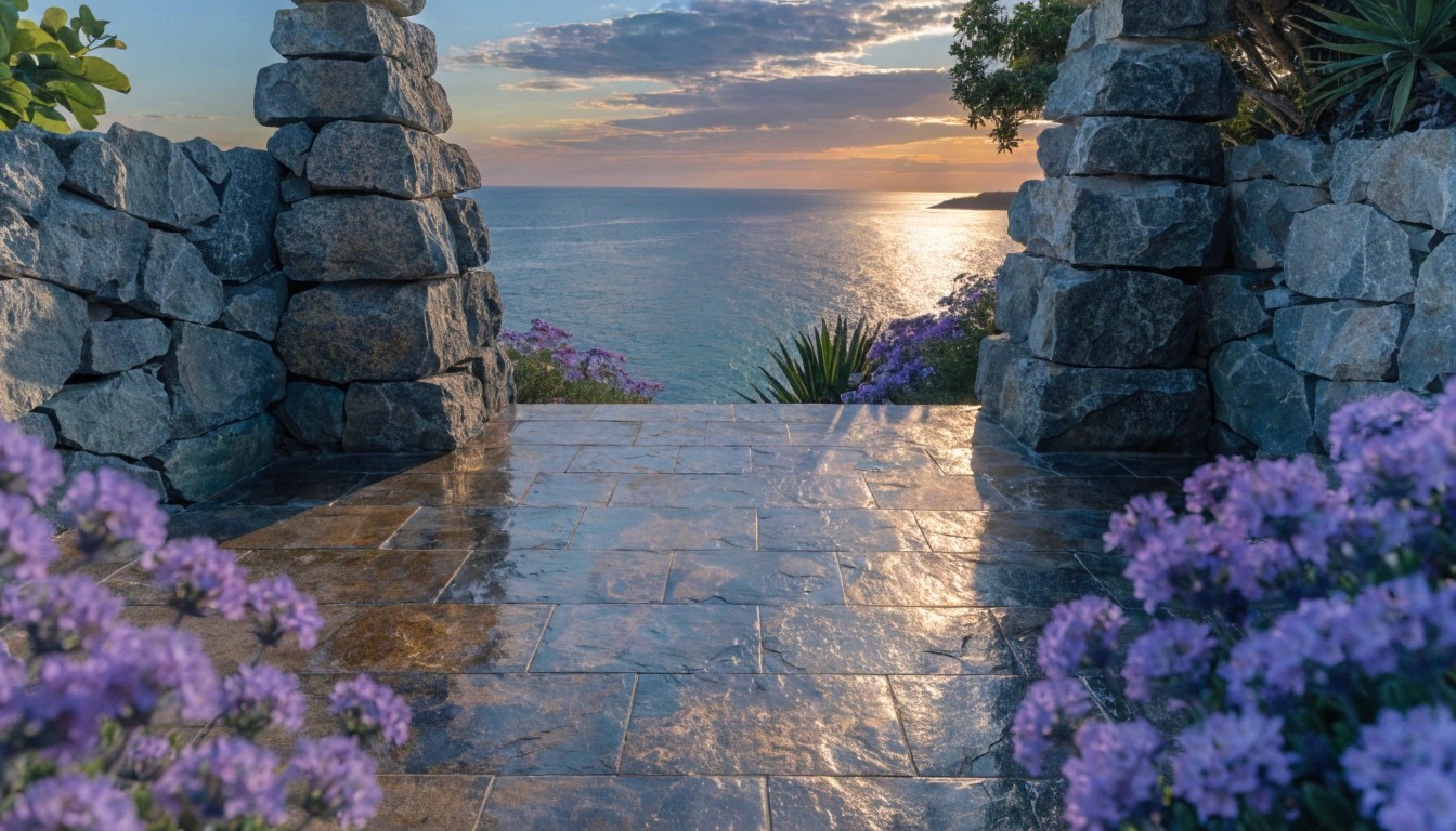 A wide-angle, cinematic hyper-realistic 8k photograph of a stone bridge arching over a tranquil, golden river at sunset.