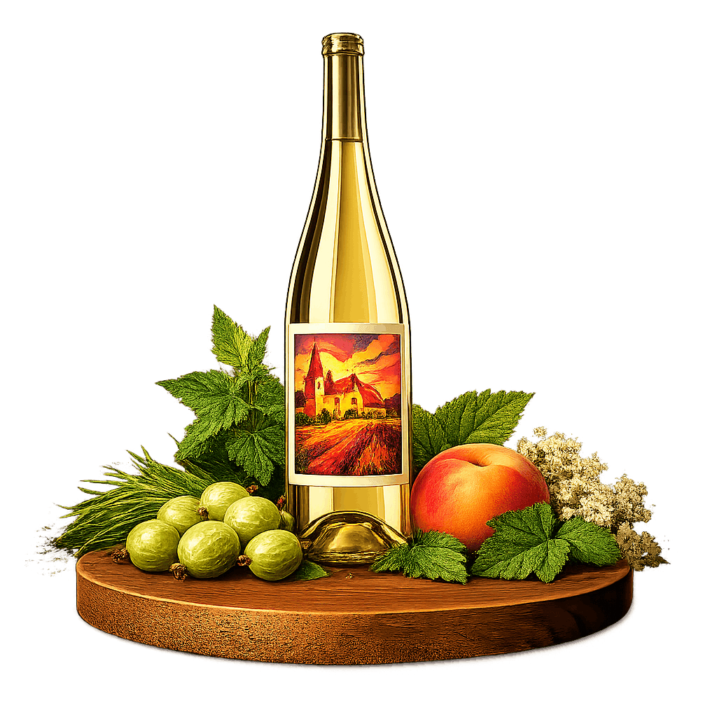 Artistic label and flavor profile for Czech Sauvignon Blanc on a rustic wooden table.