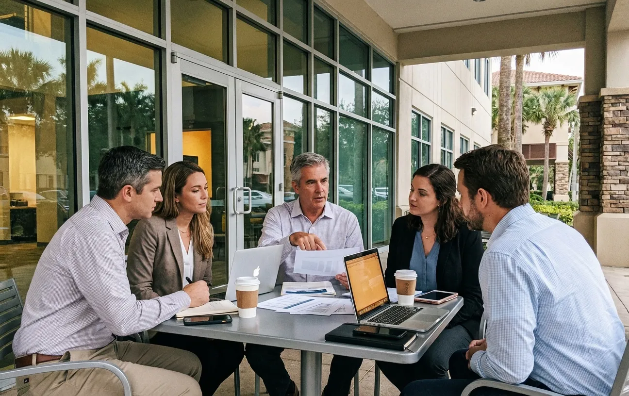 Group meeting at RockN' Socials, a digital marketing agency, discussing strategy.