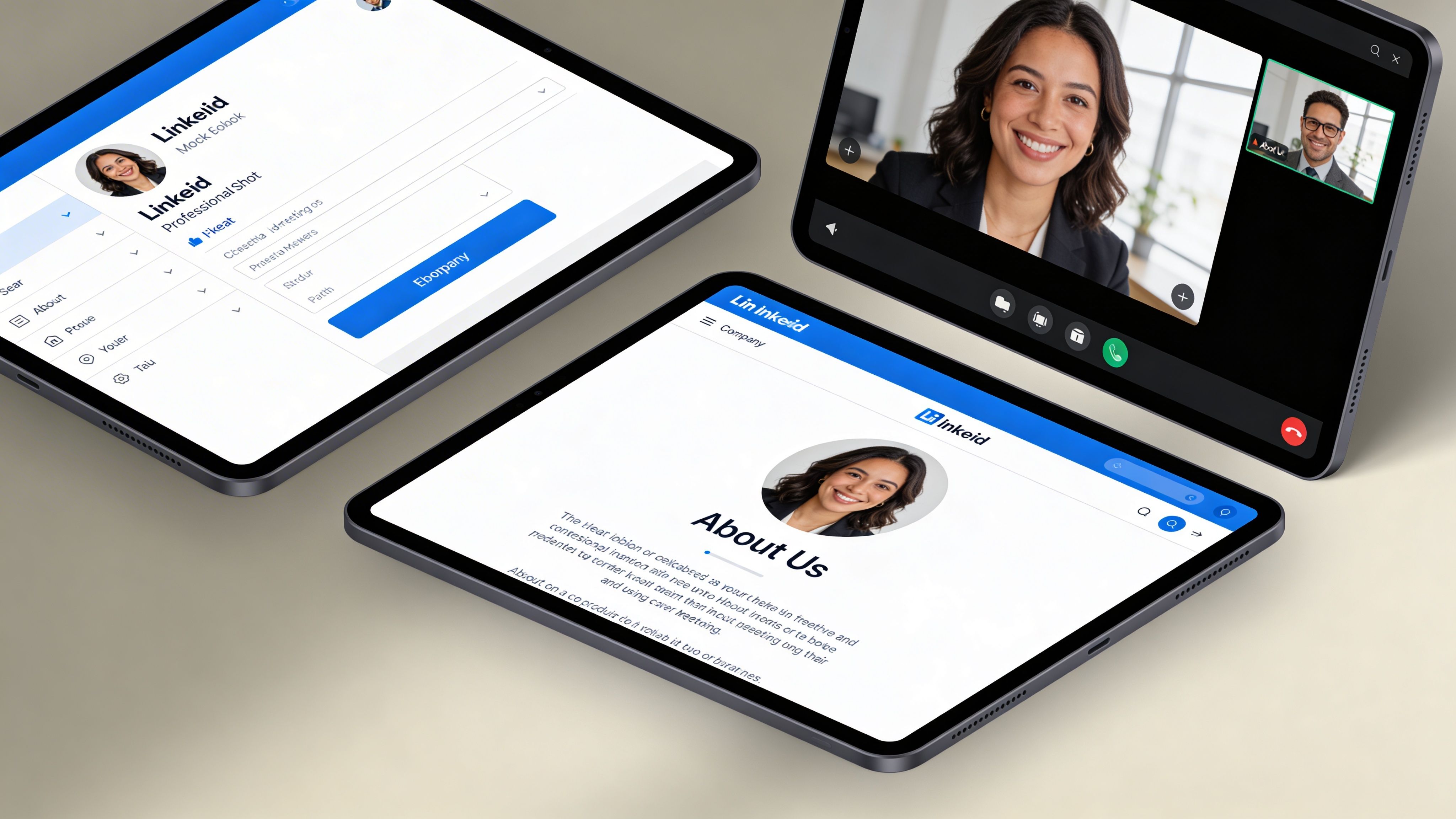 Drei Tablets zeigen eine moderne professionelle Business-Plattform mit Profilseiten, Videokonferenzen und Unternehmensvorstellungen für digitale geschäftliche Vernetzung.