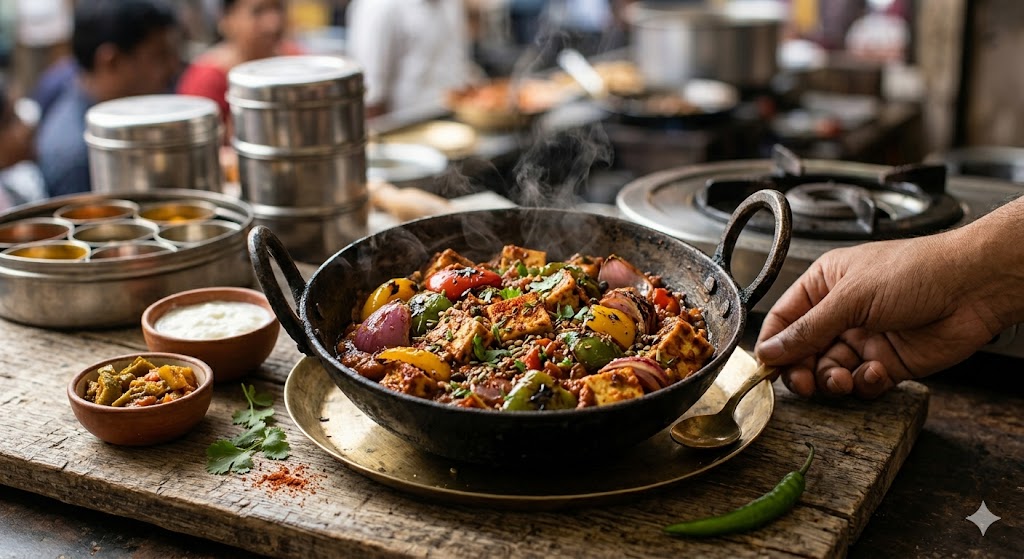 A smoking hot Kadai Tofu with colorful bell peppers and onions, served in a traditional iron kadai (wok). The image captures the rich, thick masala and the smoky, street-style Indian presentation with a hand reaching for a spoon.