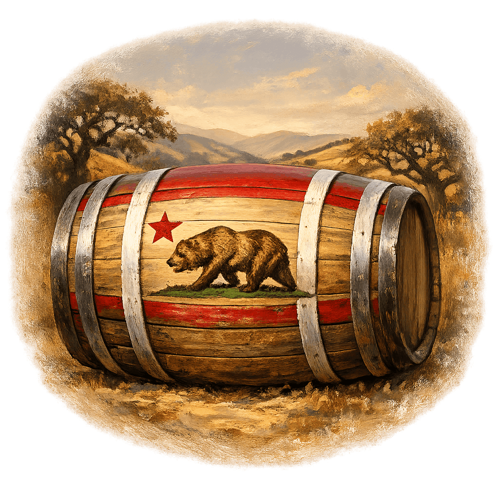 Wine barrel featuring the California national emblem for regional wine education.