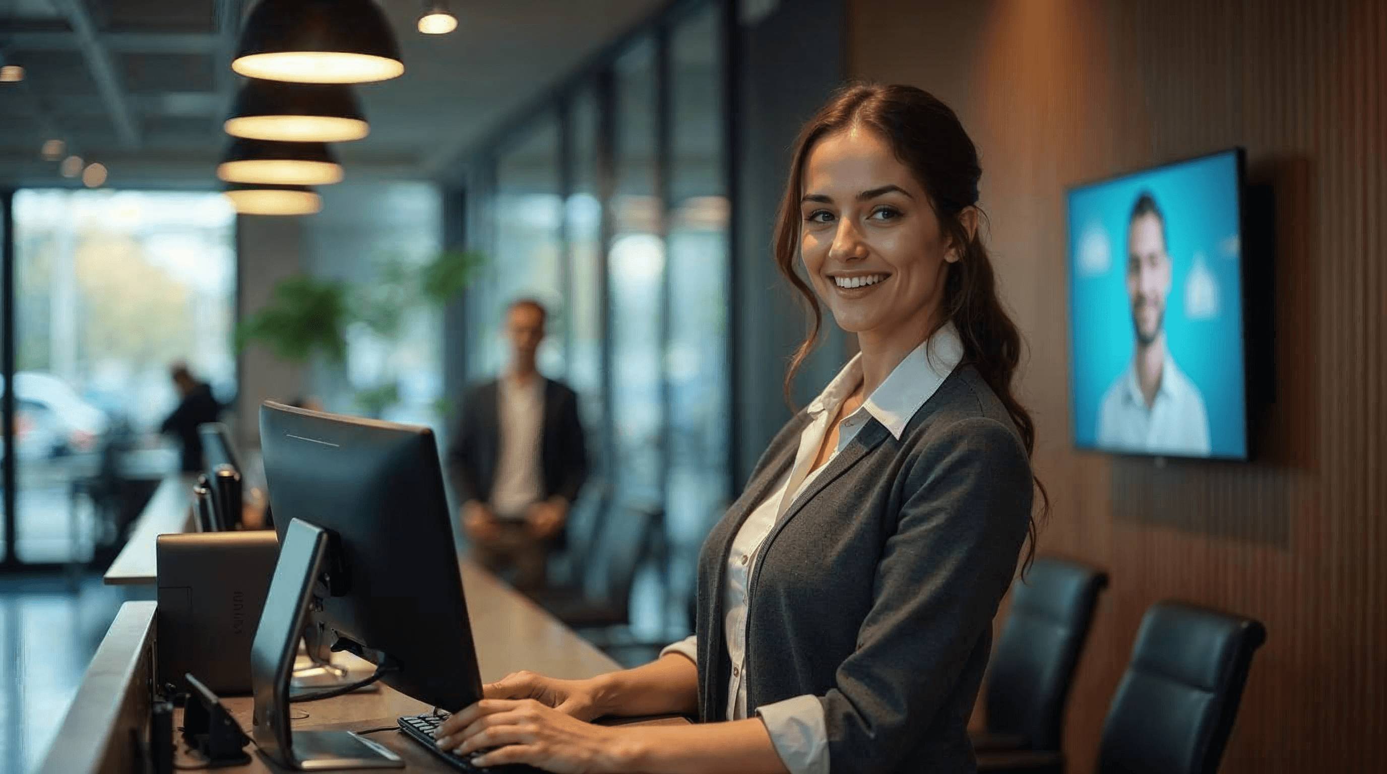 AI-receptionist naast menselijke receptionist aan de balie