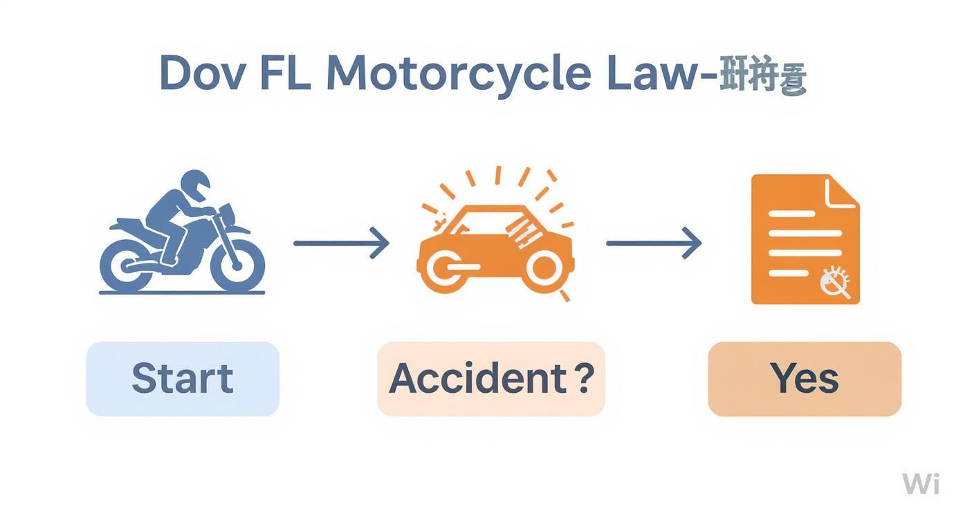 Florida motorcycle law flowchart showing progression from riding to accident to documentation and insurance requirements