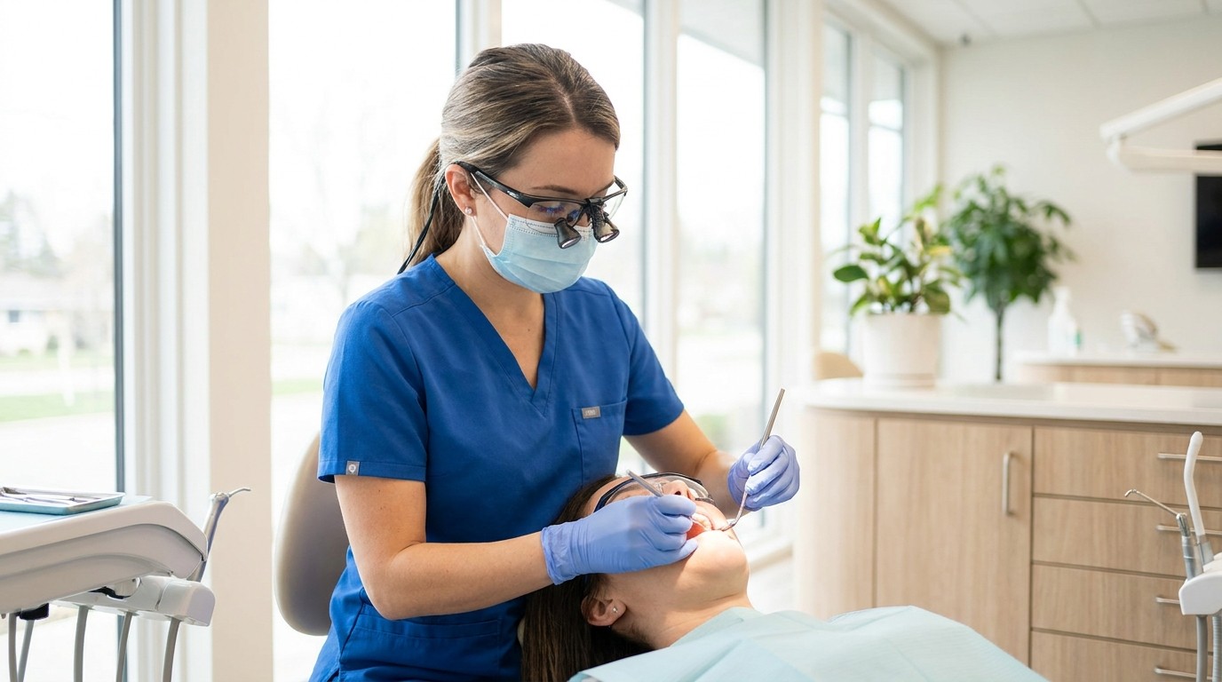 A dentist examining a patient's teeth to find the cavity or infection behind chronic bad breath.